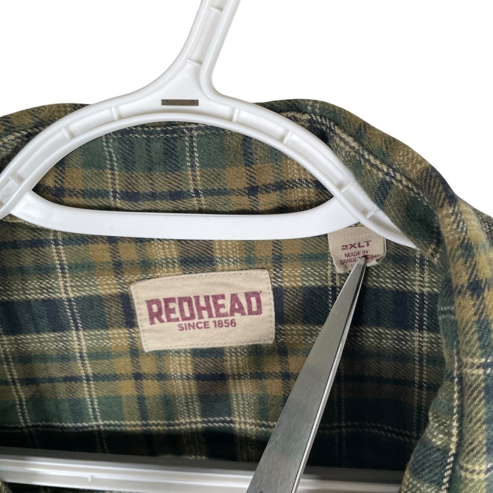 RedHead Flannel Shirt Mens 2XLT Green Plaid Cotton Button Up Long Sleeve Pockets - Picture 4 of 5